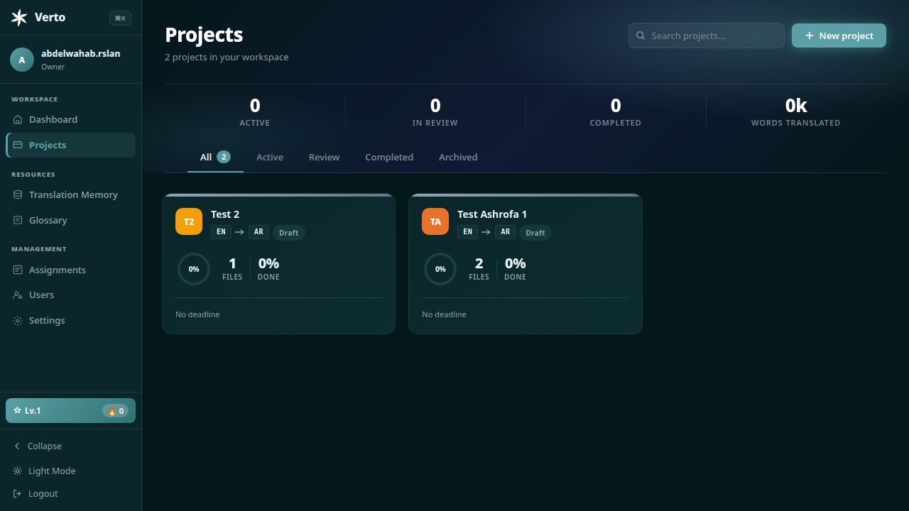 Verto workspace projects dashboard with status counts and word totals