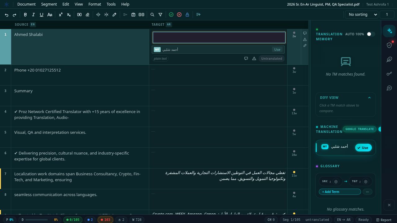 Verto workspace editor with TM, machine translation and glossary panes